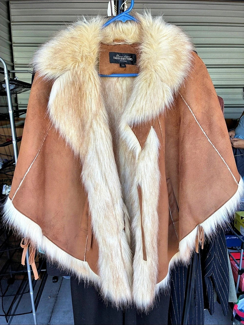 Donna Salyers Fabulous Furs Faux Fur Trim Cape in Brown & Cream
